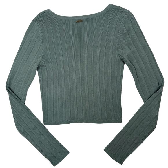 Guess Ribbed Crop Cardigan Sweater Women’s L Grey Olive Stretch Long Sleeve - Picture 5 of 7
